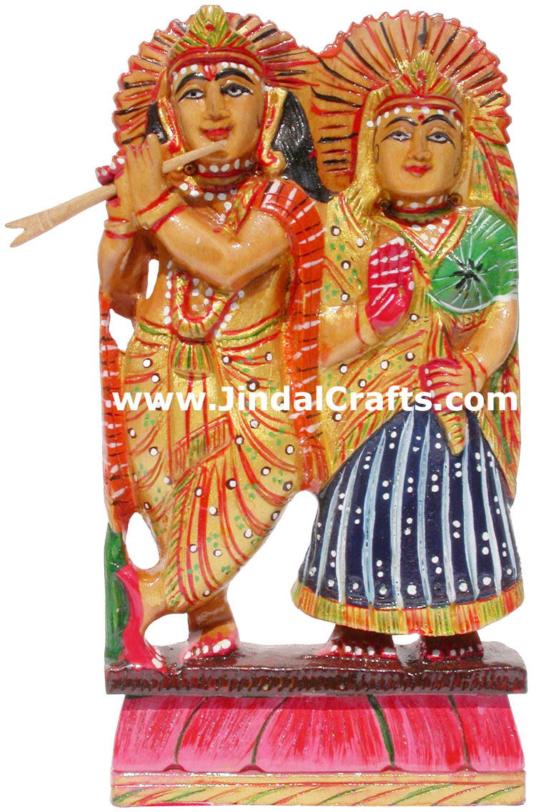 Hand Carved Wooden Radha Krishna Figure Indian Art