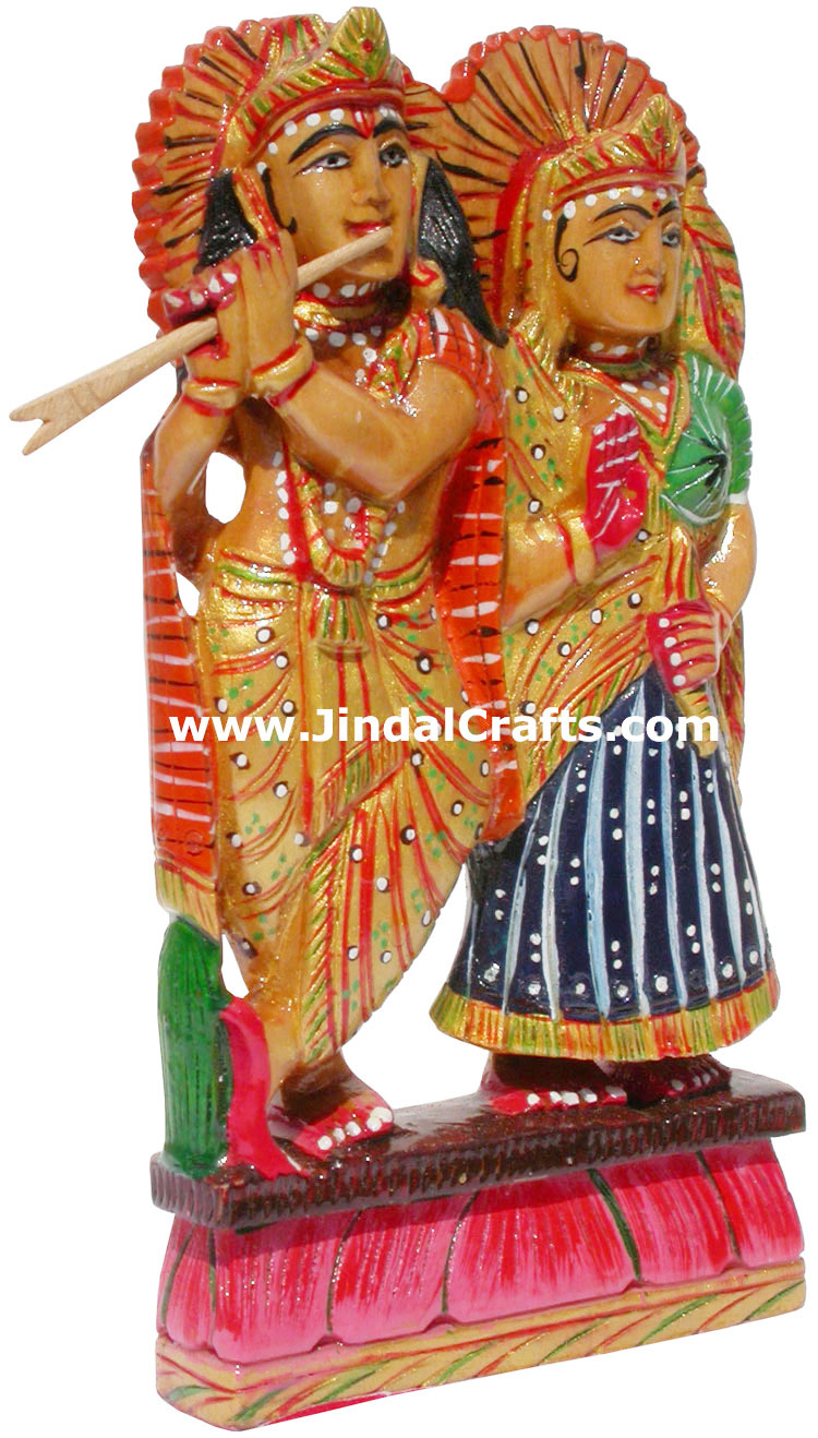Hand Carved Wooden Radha Krishna Figure Indian Art