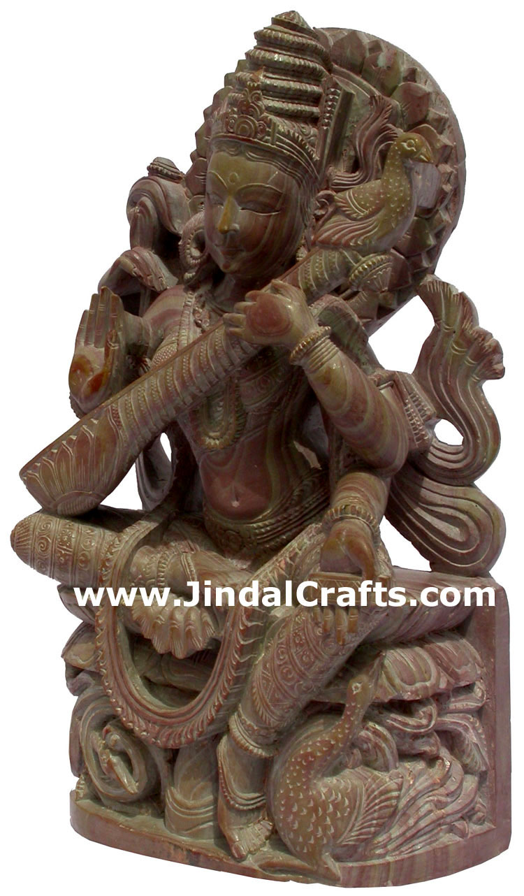 Hand Carved Hindu Goddess Saraswati Sculpture India Decor Stone Carving Crafts