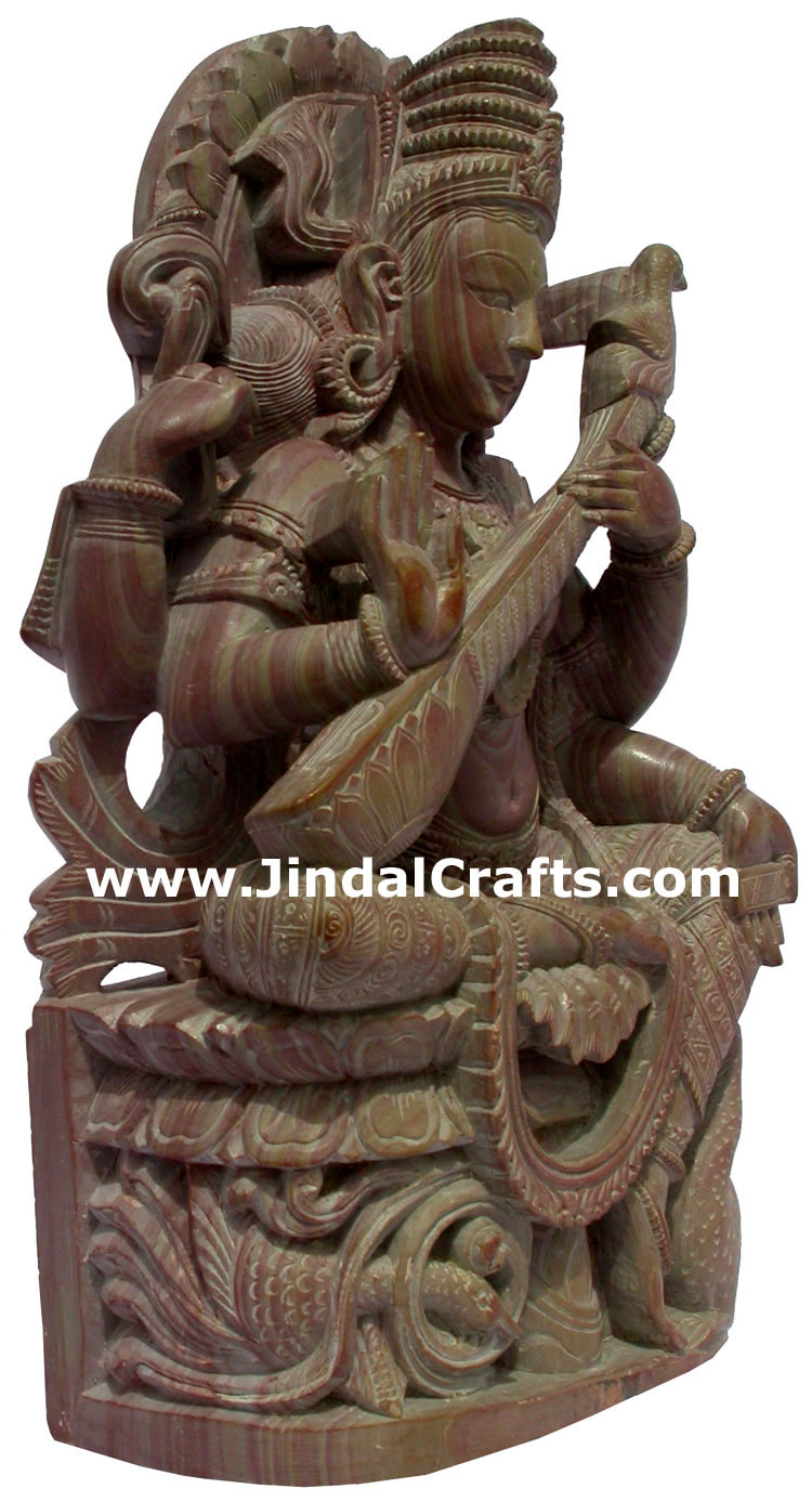 Hand Carved Hindu Goddess Saraswati Sculpture India Decor Stone Carving Crafts