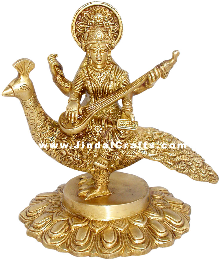Saraswati Indian Goddess of Knowledge Brass Sculpture