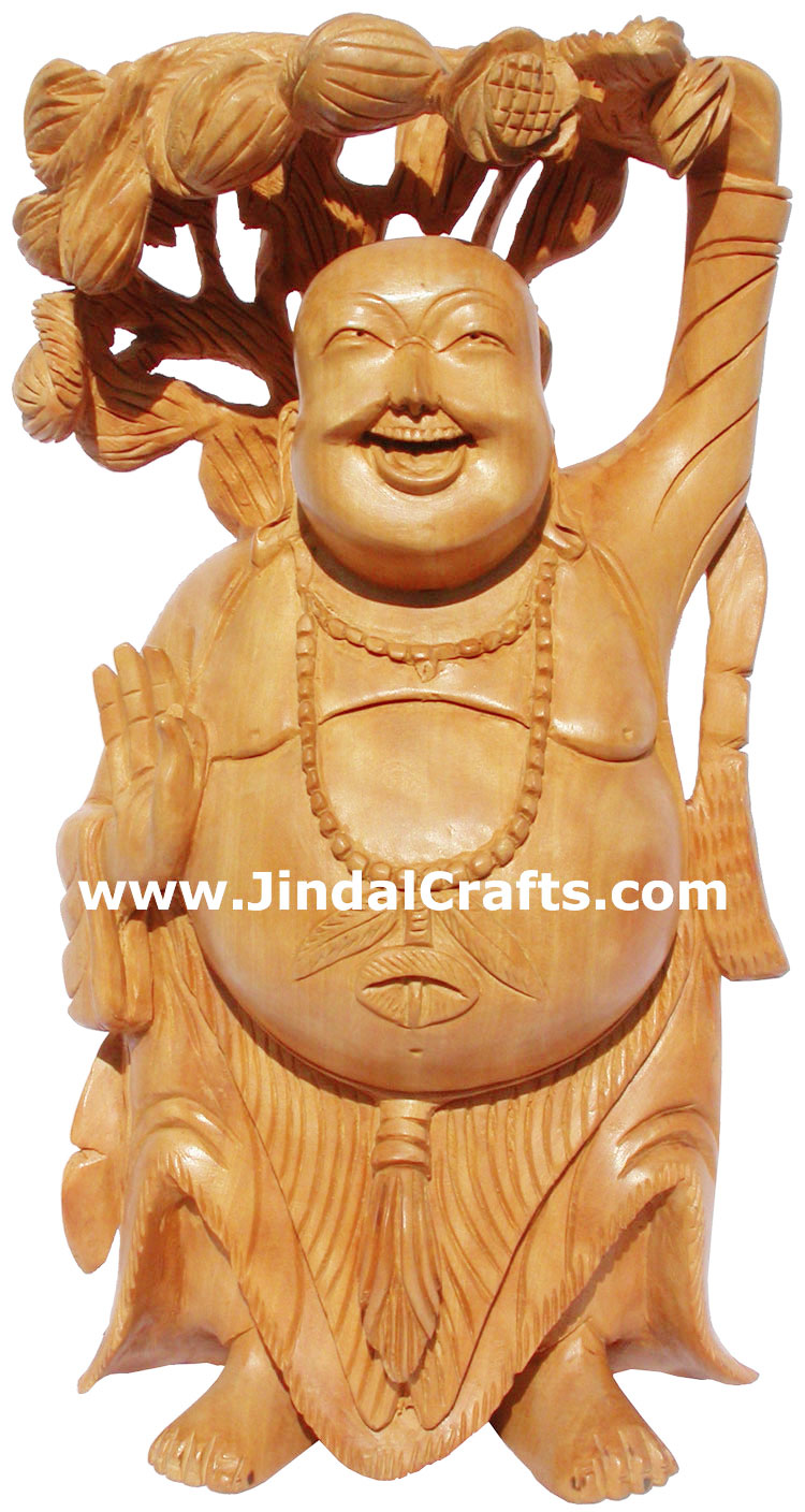Wood Sculpture Happy Laughing Buddha Vaastu India Art
