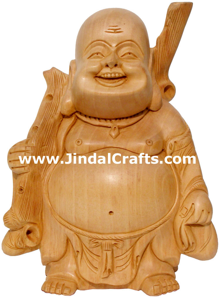 Wooden Sculpture Happy Laughing Buddha Vaastu India Art