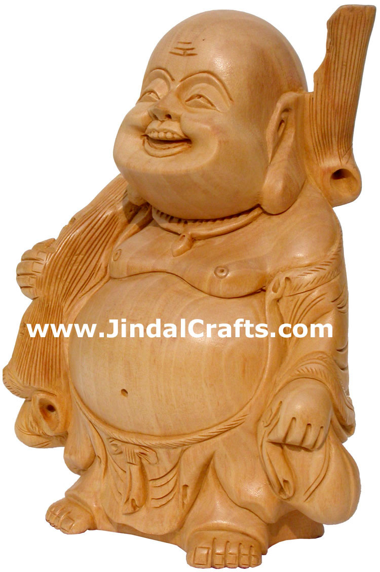 Wooden Sculpture Happy Laughing Buddha Vaastu India Art