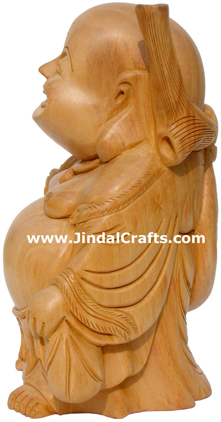 Wooden Sculpture Happy Laughing Buddha Vaastu India Art