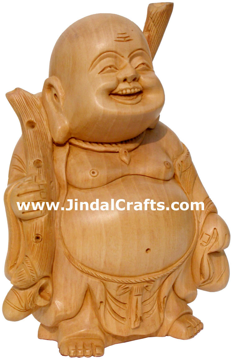 Wooden Sculpture Happy Laughing Buddha Vaastu India Art