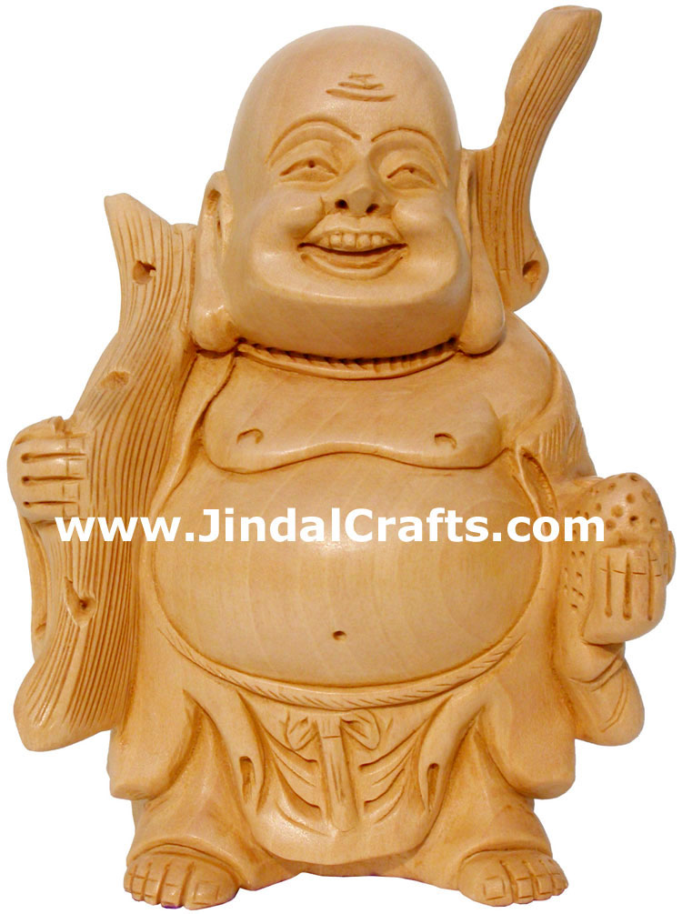 Wooden Sculpture Happy Laughing Buddha Vaastu India Art