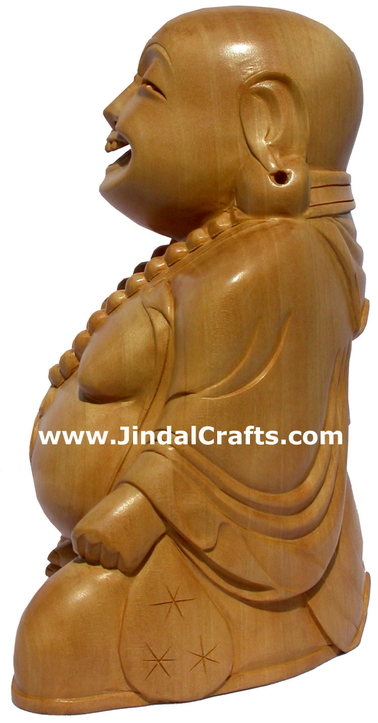 MASTER PIECE - HANDCARVED WOODEN SCULPTURE HAPPY LAUGHING BUDDHA VAASTU INDIA