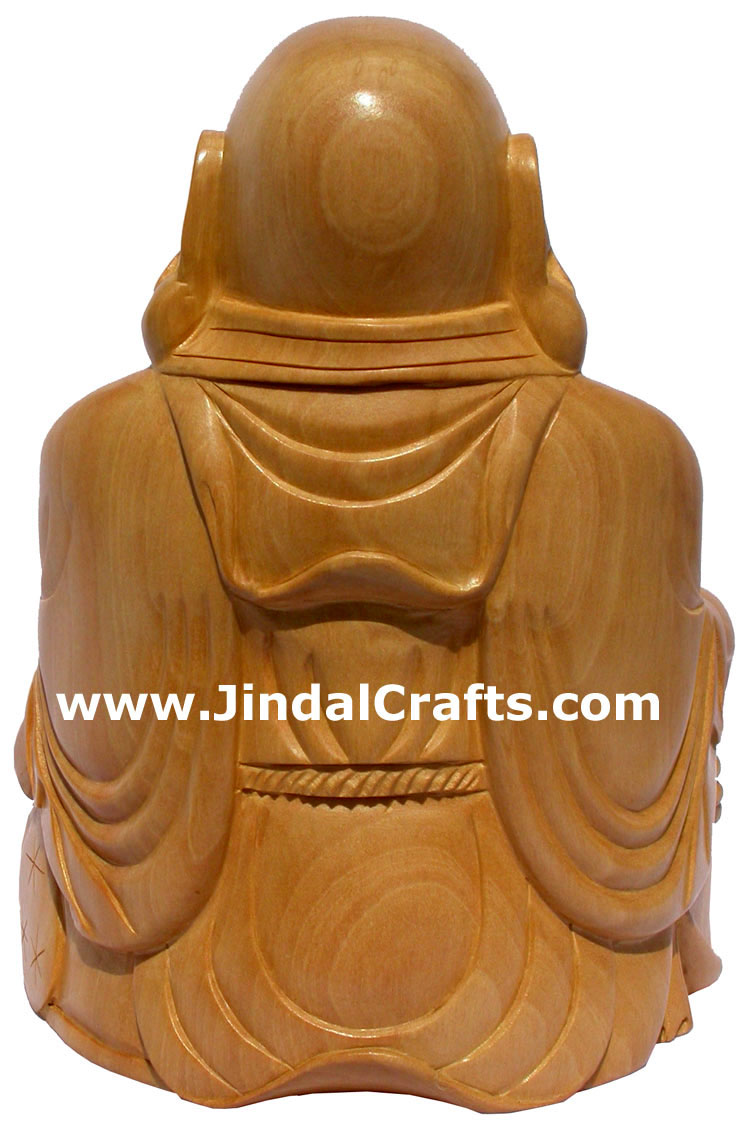 MASTER PIECE - HANDCARVED WOODEN SCULPTURE HAPPY LAUGHING BUDDHA VAASTU INDIA