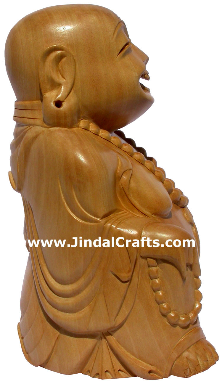MASTER PIECE - HANDCARVED WOODEN SCULPTURE HAPPY LAUGHING BUDDHA VAASTU INDIA
