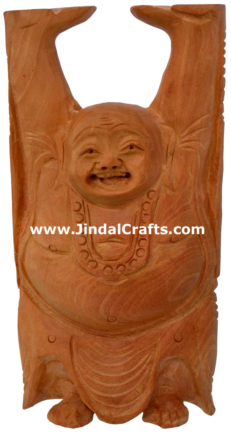 Hand Carved Kadam Wood Happy Buddha India Artifacts Art