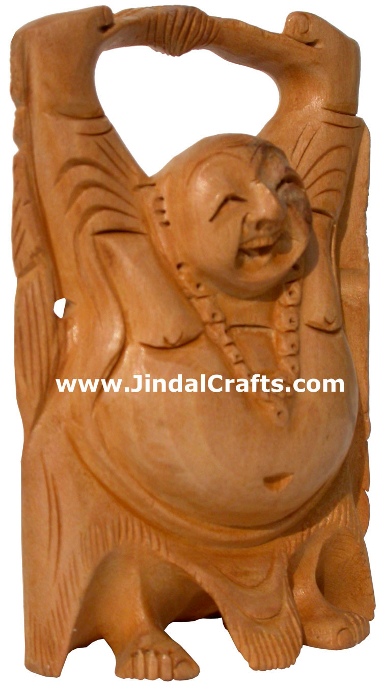 Hand Carved Kadam Wood Happy Buddha India Artifacts Art
