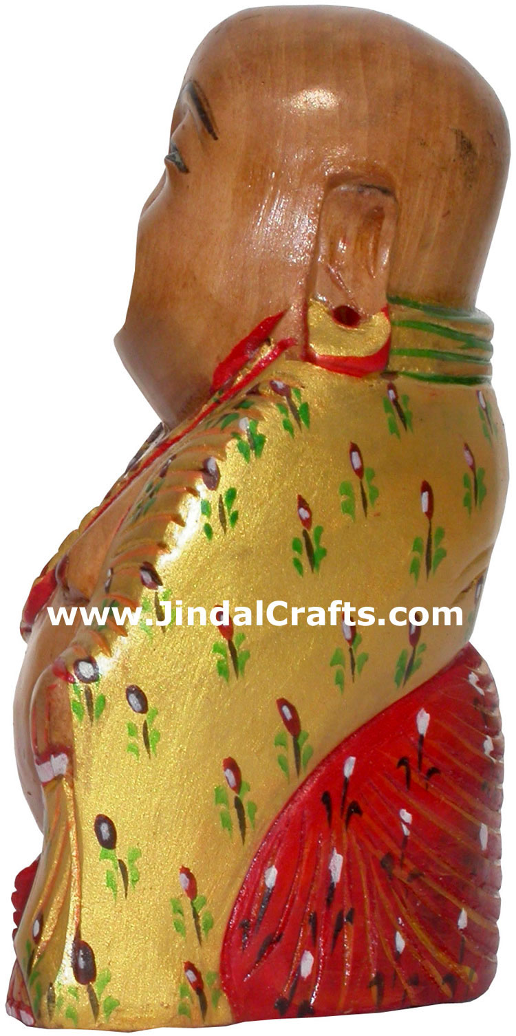 Hand Carved Wooden Painted Laughing Buddha Figure India