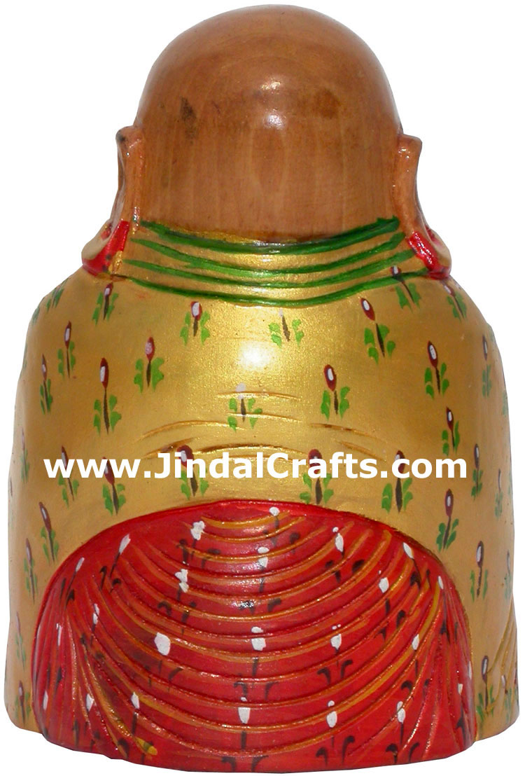 Hand Carved Wooden Painted Laughing Buddha Figure India