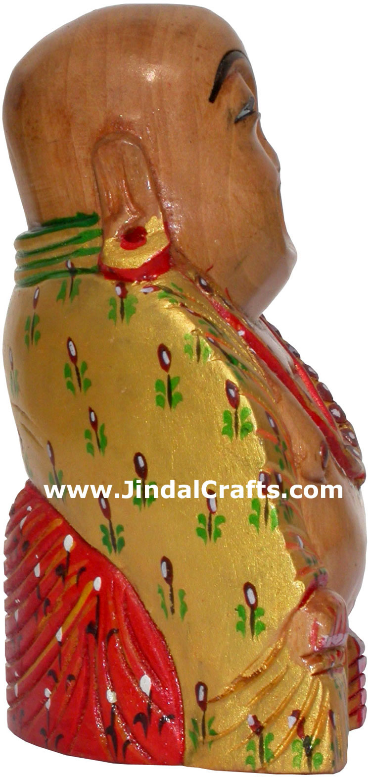 Hand Carved Wooden Painted Laughing Buddha Figure India