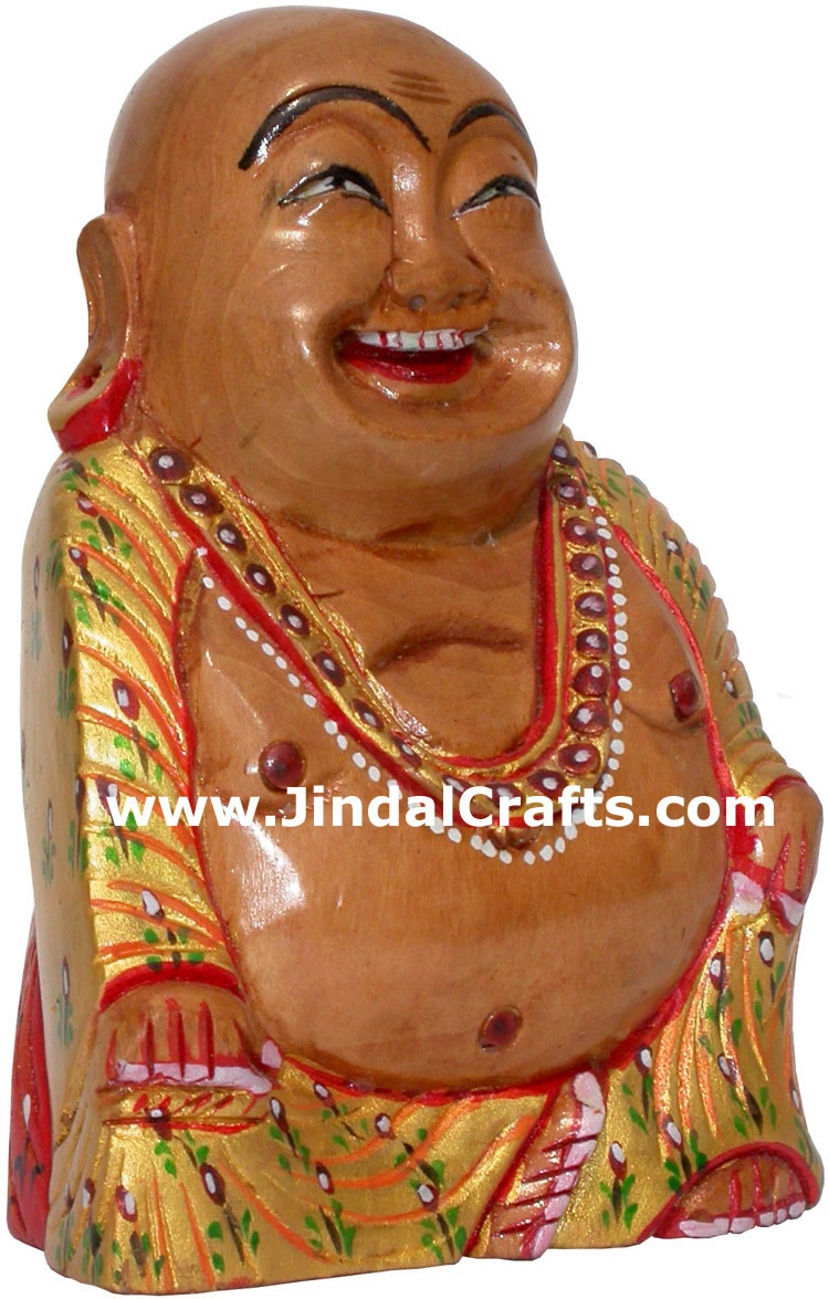 Hand Carved Wooden Painted Laughing Buddha Figure India