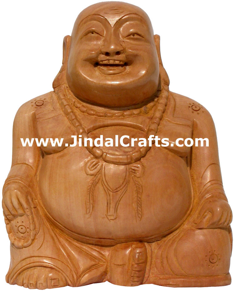 Hand Carved Wooden Laughing Buddha Figure Indian Art