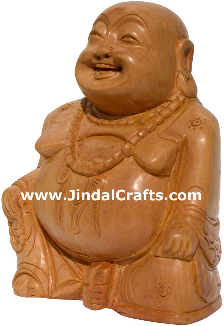 Hand Carved Wooden Laughing Buddha Figure Indian Art