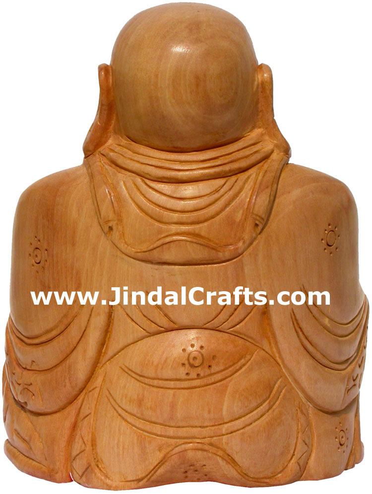 Hand Carved Wooden Laughing Buddha Figure Indian Art