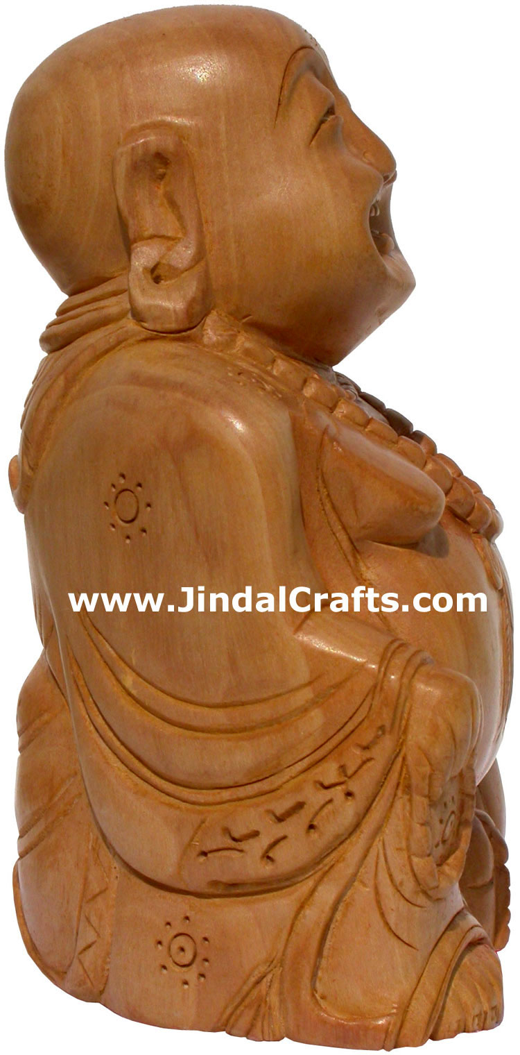 Hand Carved Wooden Laughing Buddha Figure Indian Art