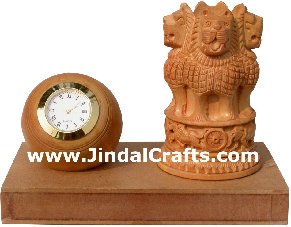 Ashok Stambh Pen Stand with Clock National Emblem of India Wooden Figure