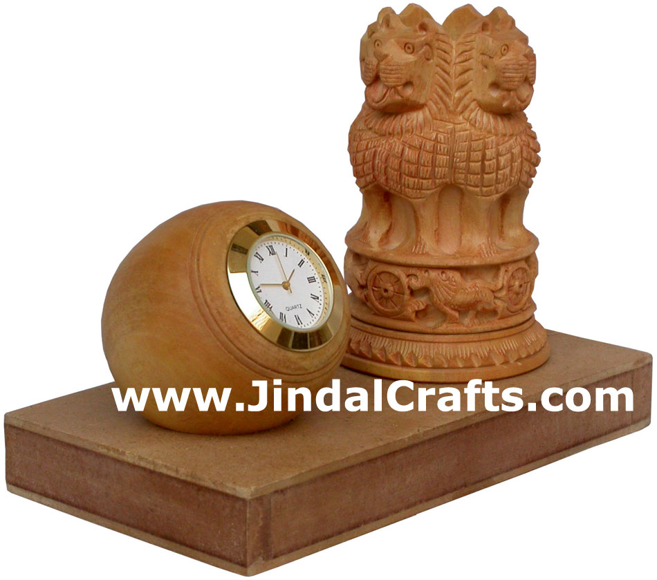 Ashok Stambh Pen Stand with Clock National Emblem of India Wooden Figure