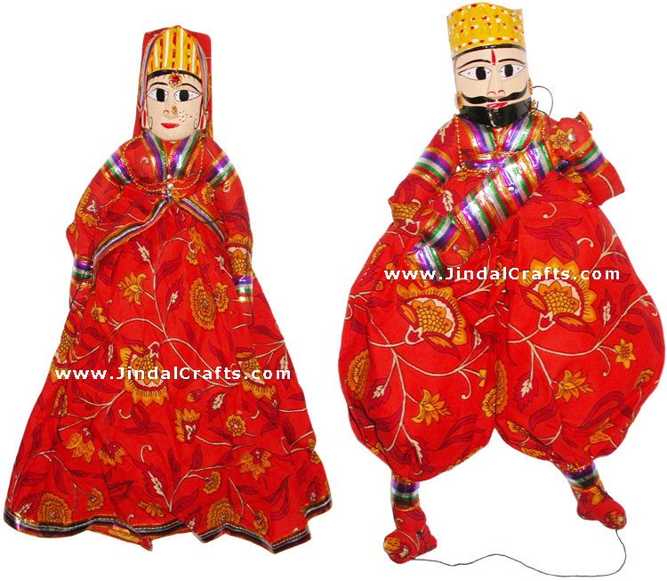 Handmade Wooden Puppet Pair of King and Queen India Folk Art Royal Dancing Dolls