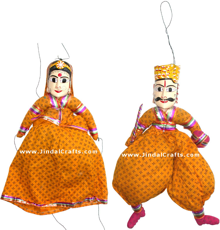 Handmade Wooden Puppet Pair of King and Queen India Folk Art Royal Dancing Dolls