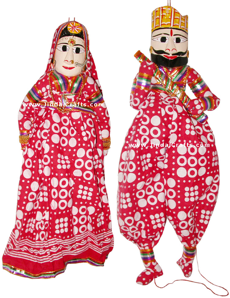 Handmade Wooden Puppet Pair of King and Queen India Folk Art Royal Dancing Dolls