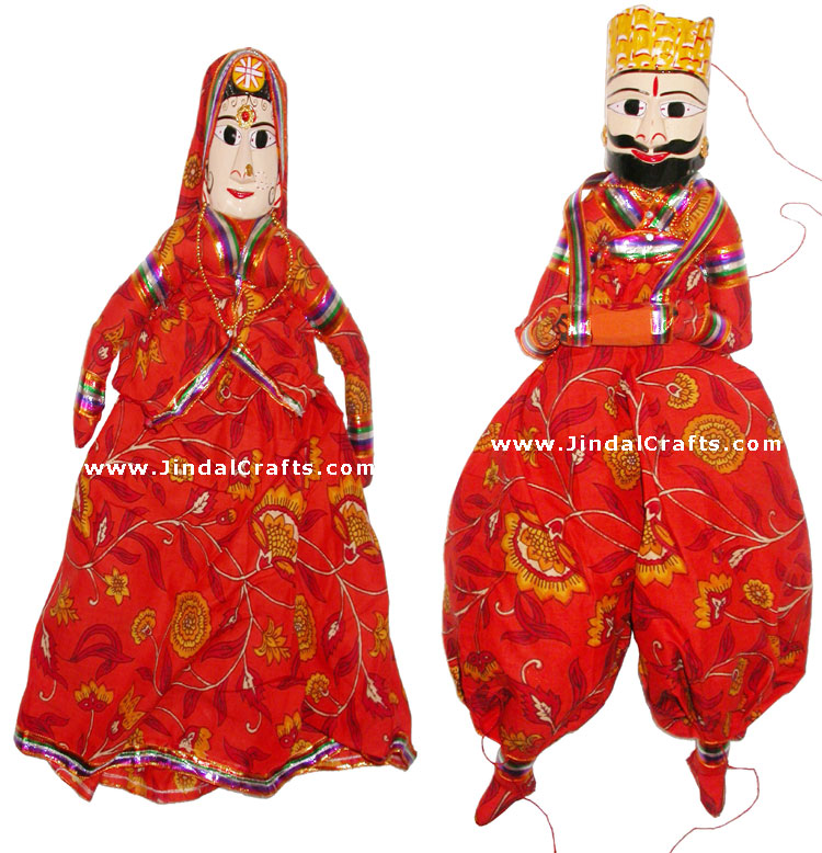 Handmade Wooden Puppet Pair of King and Queen India Folk Art Royal Dancing Dolls