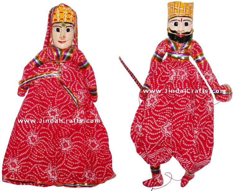 Handmade Wooden Puppet Pair of King and Queen India Folk Art Royal Dancing Dolls