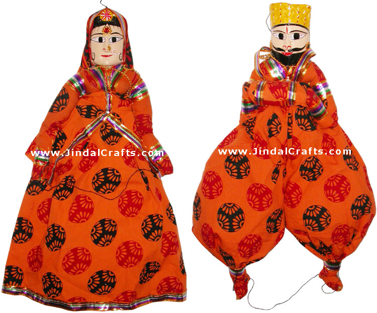 Handmade Wooden Puppet Pair of King and Queen India Folk Art Royal Dancing Dolls