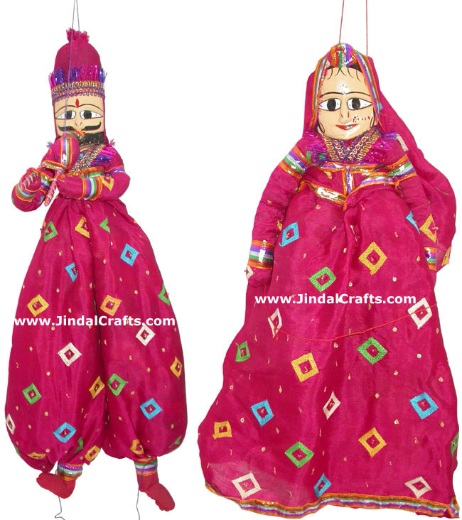Decorative Wooden String Puppet Pair India Handmade Folk Crafts Traditional Arts