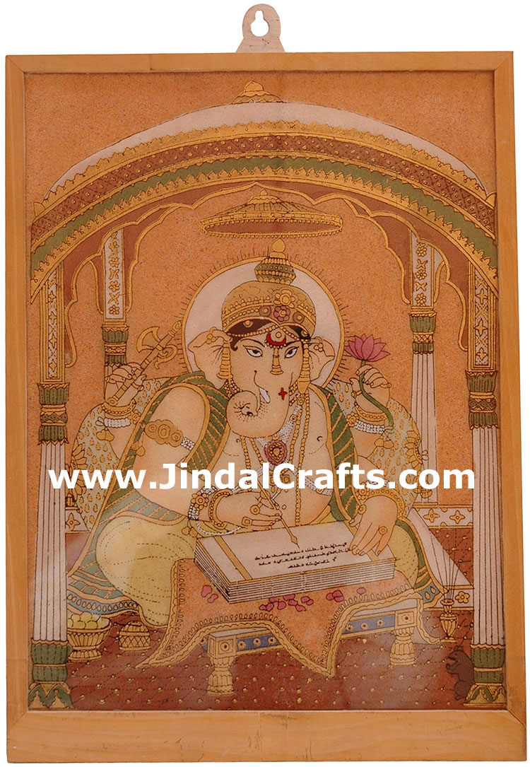 Gemstone Dust Painting Lord Ganesha Indian Hand Art